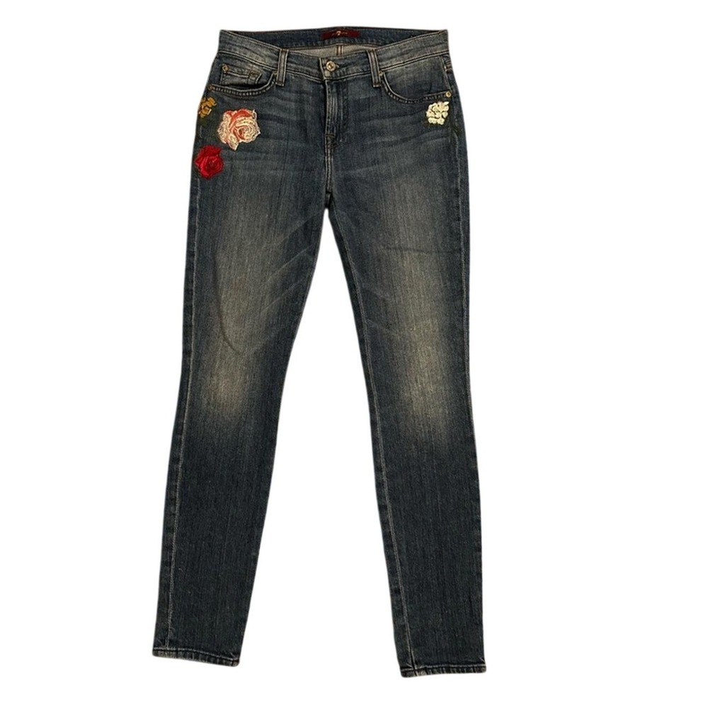 7 For All Mankind Floral Embroidered Skinny Jeans Blue Medium Wash Size 26